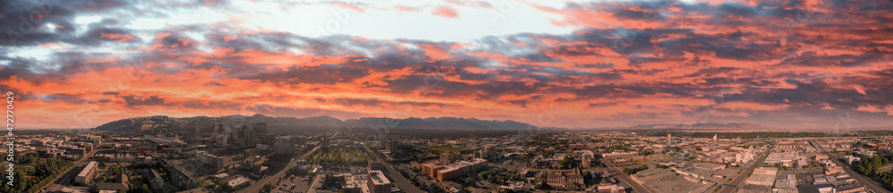 Salt Lake City aerial skyline on a sunny day, Utah from drone at sunset