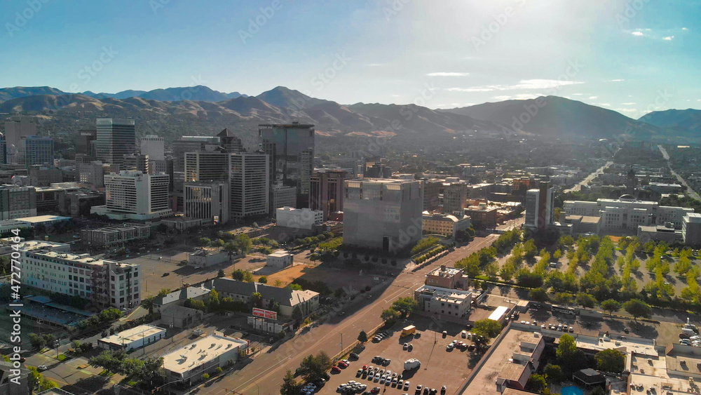 Salt Lake City aerial skyline on a sunny day, Utah from drone