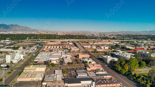 Salt Lake City aerial skyline on a sunny day, Utah from drone