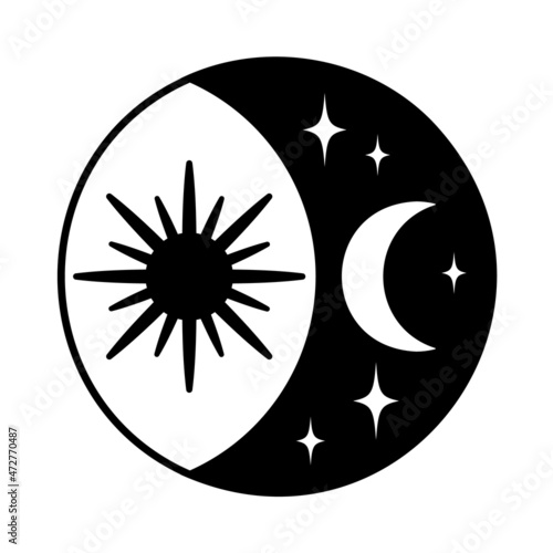Vector crescent Moon with stars and sun in circle. Celestial monochrome illustration isolated on white background