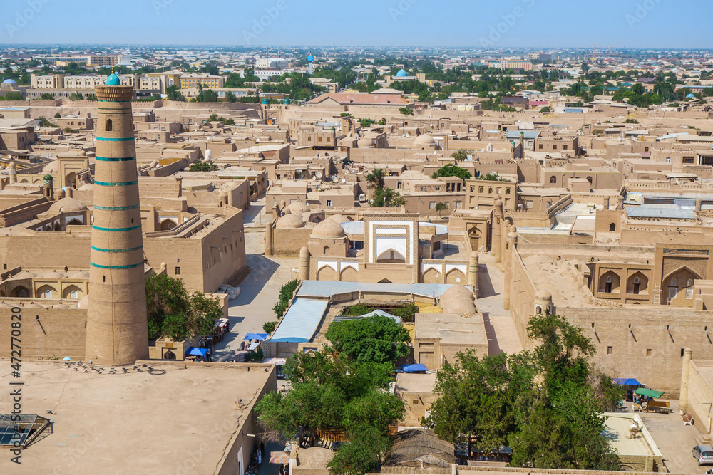 Panorama of the historical center of Khiva, Uzbekistan. Over the past centuries, appearance of the city has changed slightly. All buildings in the city are included in the UNESCO World Heritage Site