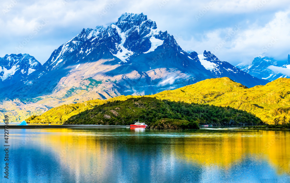 Grey Lake Ship reflection Lake, Torres del Paine National Park, Patagonia, Chile.