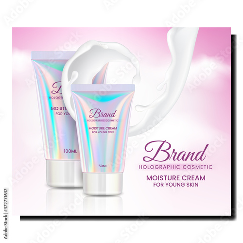 holographic cosmetics poster tube. ad facial cream bottle. body concealer. hologram cosmetic effect. 3d realistic vector
