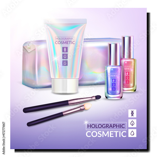 holographic cosmetics poster bag. beauty skincare holographic glitter. unicorn gloss product. 3d realistic vector