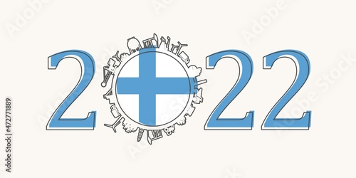 2022 year number with industrial icons around zero digit. Flag of Finland.