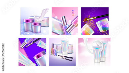 holographic cosmetics poster set. hologram package. tube container. face mask care. ad facial cream bottle. beauty skincare holographic glitter. jar cosmetic product. 3d realistic vector