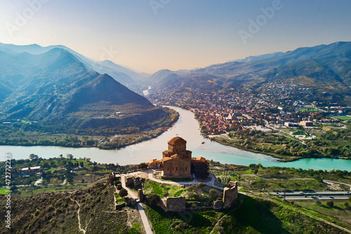 Obraz na plátně Top view of confluence of two rivers and Jvari monastery in the city of Mtskheta