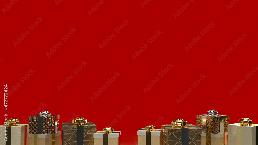 The gold gift box on red background for celebration or holiday concept 3d rendering The gold gift box on red background for celebration or holiday concept 3d rendering