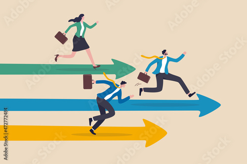 Fototapeta Business competition, contest or rivalry against competitors to increase sales for victory, performance compare to other employees concept, businessman and woman compete running on arrow racetrack