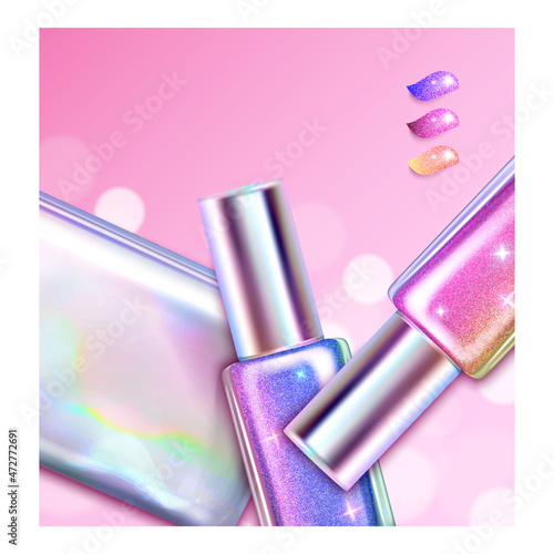 holographic cosmetics poster cream. tube container. girl makeup. 3d realistic vector