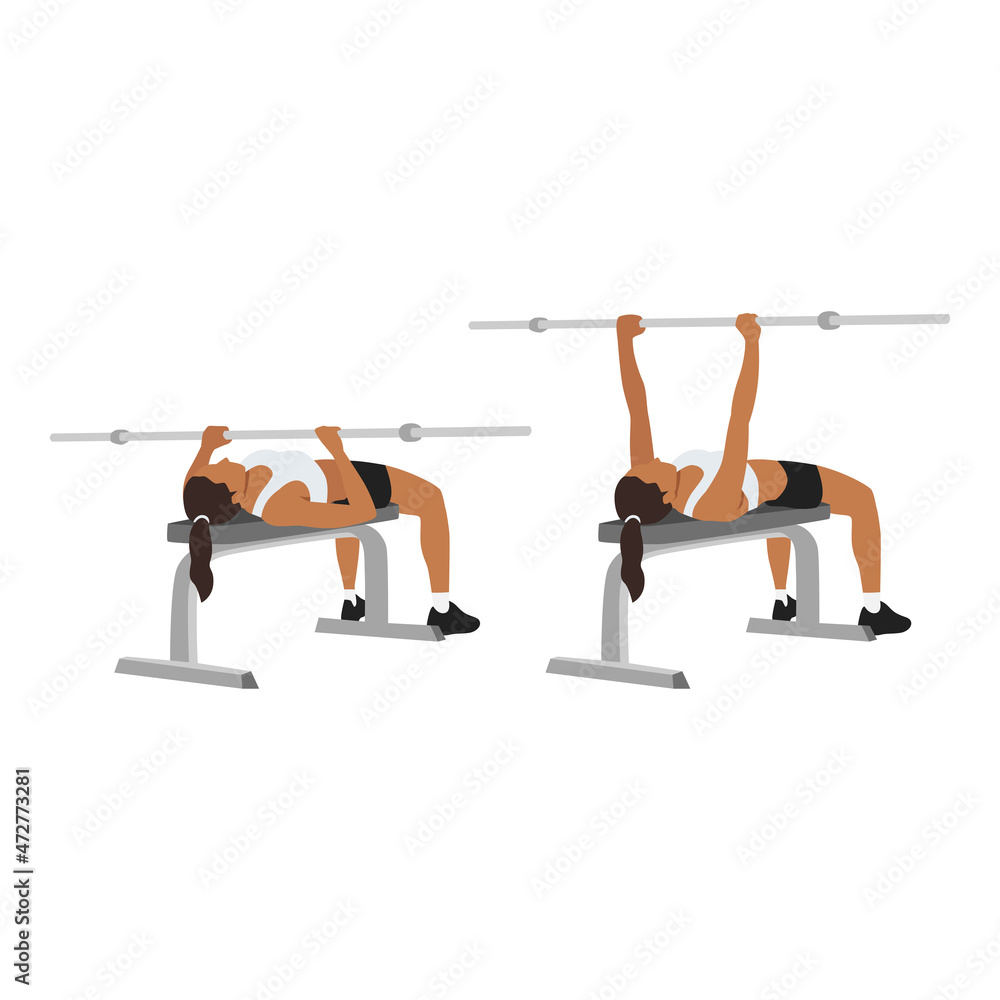 Woman doing Close grip overhand barbell bench press exercise. Flat ...