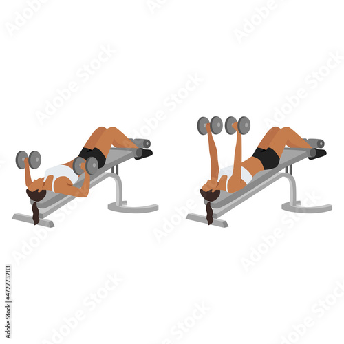 Woman doing Decline bench dumbbell press exercise. Flat vector illustration isolated on white background