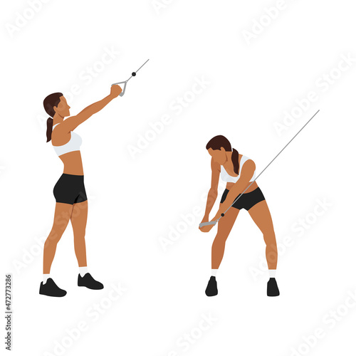Woman doing Downward cable wood chops exercise. Flat vector illustration isolated on white background