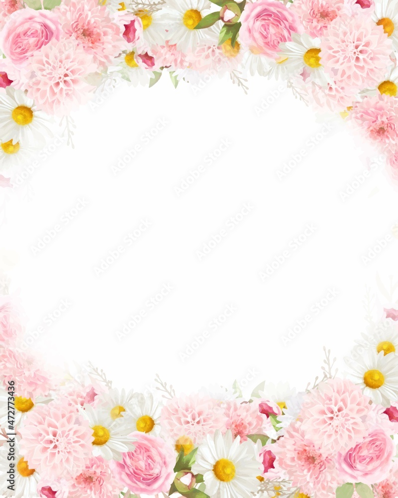 エレガントなピンク系のバラの花とデイジーに囲まれたおしゃれフレームベクターイラスト素材