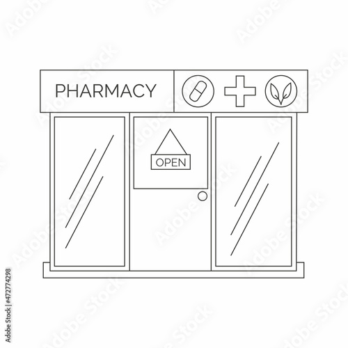 Pharmacy front outline vector illustration. Drugstore isolated on white background. 