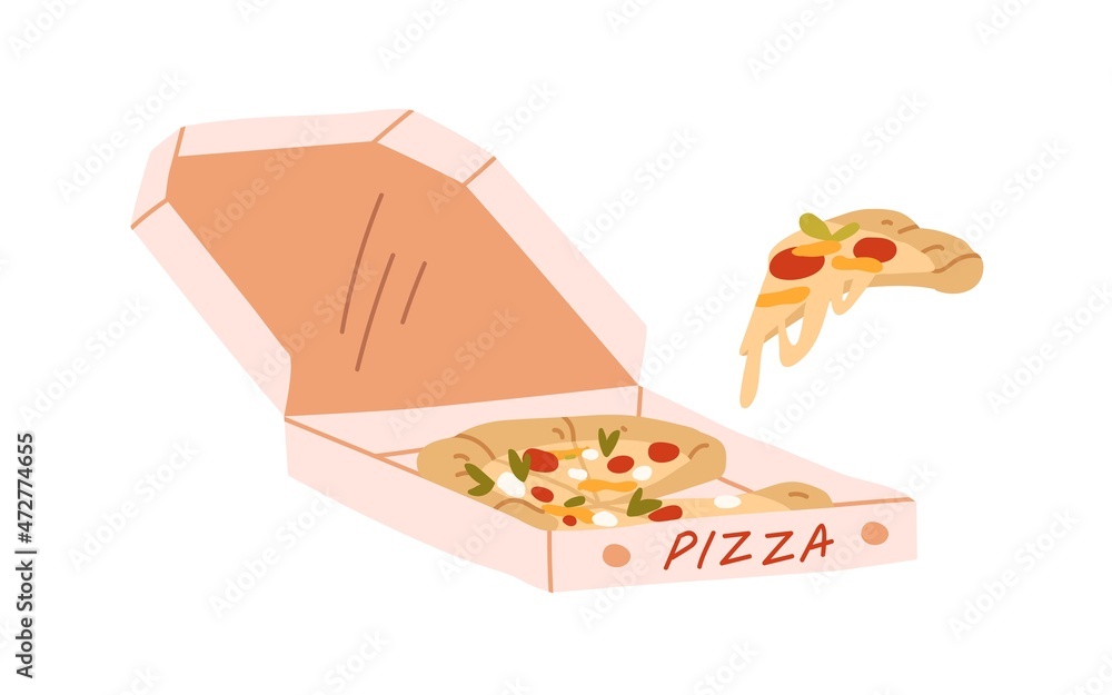 Pizza in open cardboard box isolated on white background, Stock image