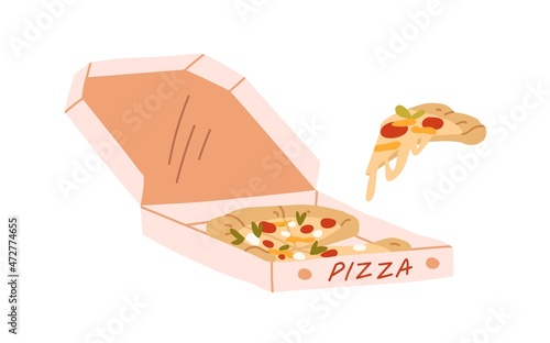 Pizza in cardboard box. Hot Italian fast food and slice with melting cheese. Open carton delivery package with takeaway fastfood pieces. Flat vector illustration isolated on white background