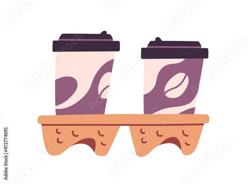 Coffee to go cups in cardboard cupholder. Takeaway hot drinks in carton mugs with plastic lids. Pair of take-away cappuccino in paper holder. Flat vector illustration isolated on white background photo