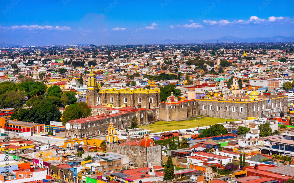 Colorful church Cityscape, Cholula, Puebla, Mexico. church built 1500's and 1600's. Cholula had 365 church with very small population.