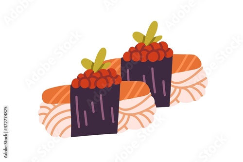 Japanese sushi with salmon slice and rice wrapped in nori. Asian food with red fish and caviar, decorated with greens. Traditional dish, nigiri. Flat vector illustration isolated on white background