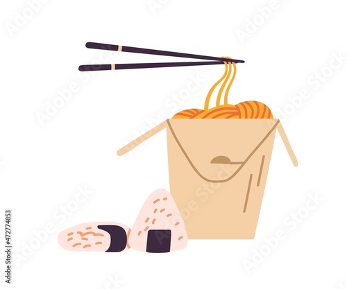 Asian wok noodles in cardboard lunch box, chopsticks and onigiri sushi. Japan...