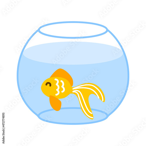 Cute cartoon goldfish in aquarium isolated on white