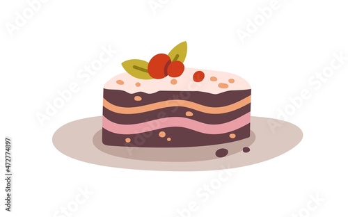 Sweet cake piece. Sugar chocolate dessert with cream and berry decor. Yummy pastry on plate. Confectionery food. Flat vector illustration of tasty confection isolated on white background