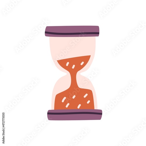 Hourglass with sand flowing. Sandglass icon. Hour glass timer measuring and counting time. Old clocks. Countdown concept. Colored flat vector illustration isolated on white background