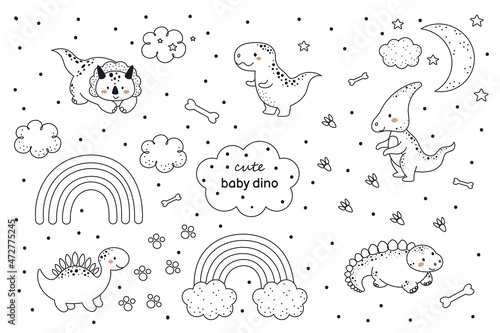 Set of cute baby dinosaurs in outline sketch style. Funny cartoon dinos collection for kids cards, baby shower, t-shirt, birthday invitation, house interior. Bohemian childish vector illustration.