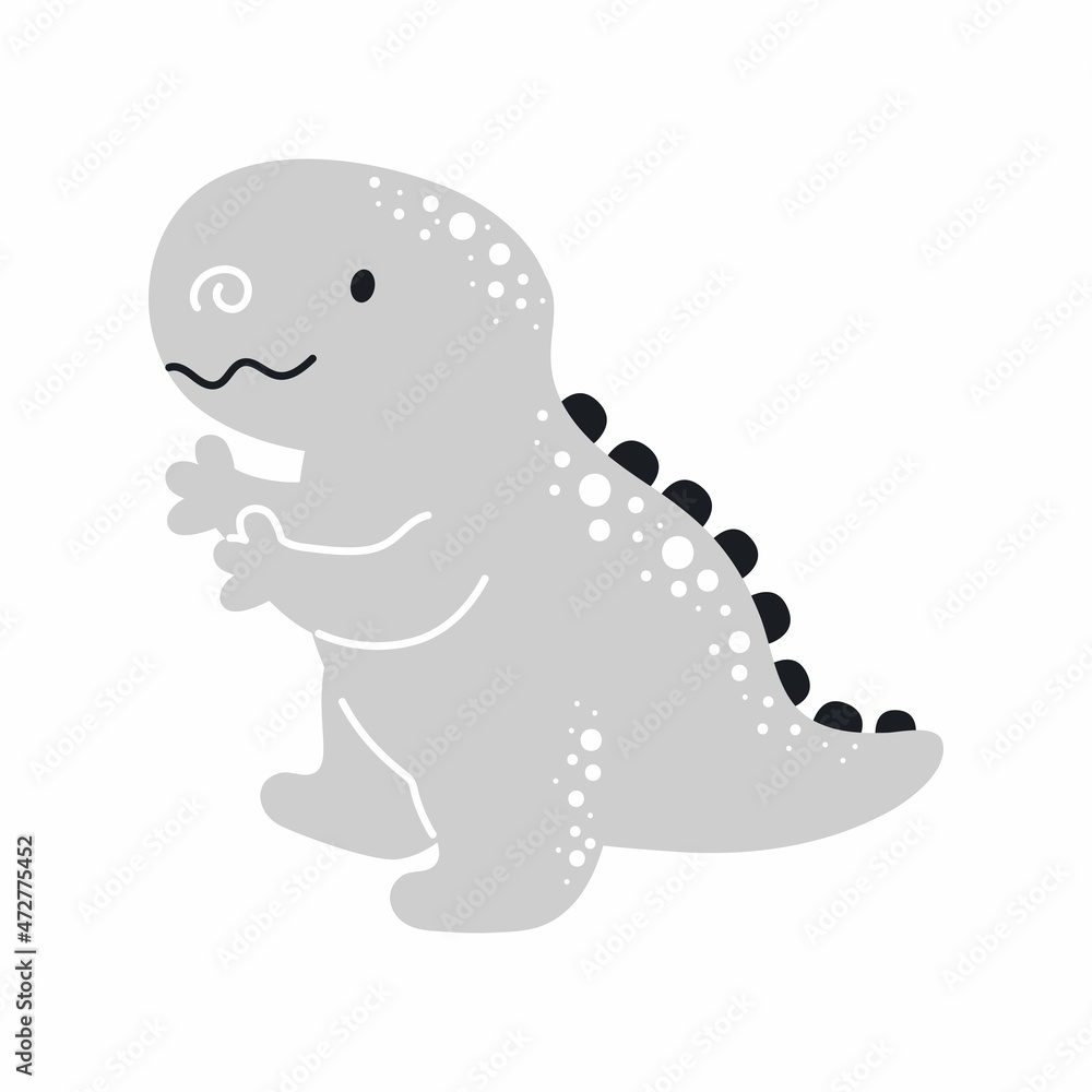 Obraz premium Cute grey dinosaur in scandinavian style. Funny cartoon dino for kids cards, baby shower, t-shirt, birthday invitation, house interior. Bohemian childish vector illustration.