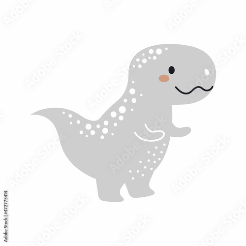 Cute grey dinosaur in scandinavian style. Funny cartoon dino for kids cards, baby shower, t-shirt, birthday invitation, house interior. Bohemian childish vector illustration.