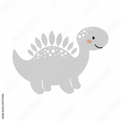 Cute grey dinosaur in scandinavian style. Funny cartoon dino for kids cards  baby shower  t-shirt  birthday invitation  house interior. Bohemian childish vector illustration.
