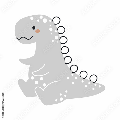 Cute grey dinosaur in scandinavian style. Funny cartoon dino for kids cards  baby shower  t-shirt  birthday invitation  house interior. Bohemian childish vector illustration.