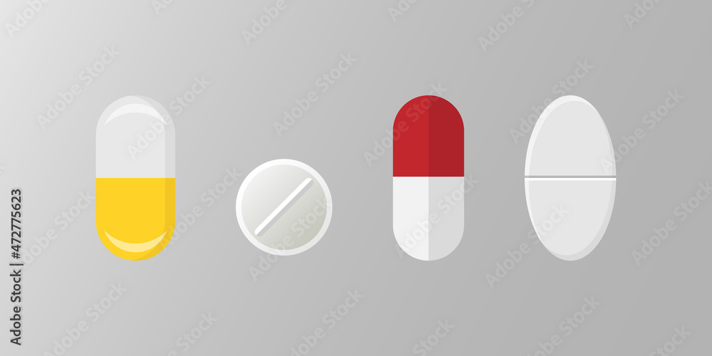 Pill icon in flat style. Medical capsules vector illustration on white isolated background. Pharmacy sign business concept. Pill icon in flat style. Medical capsules vector illustration on white isolated background. Pharmacy sign business concept.