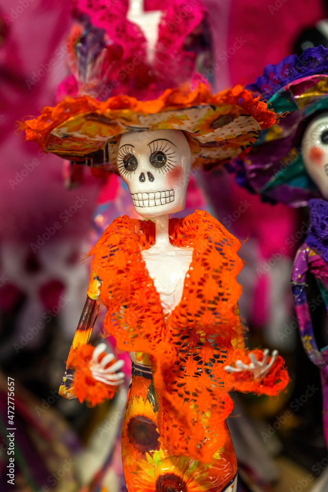 Colorful Mexican Day of the Dead doll handicrafts, Cabo San Lucas, Mexico