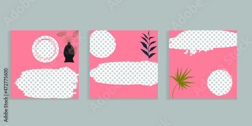 Social media covers with simple design elements . grunge style . Leaves . Post frame stories templates.  Layout for promotion .Media banner .Vector