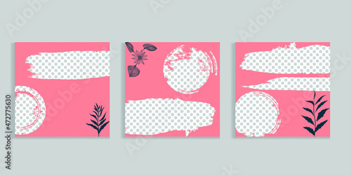 Social media covers with simple design elements . grunge style . Leaves . Post frame stories templates.  Layout for promotion .Media banner .Vector