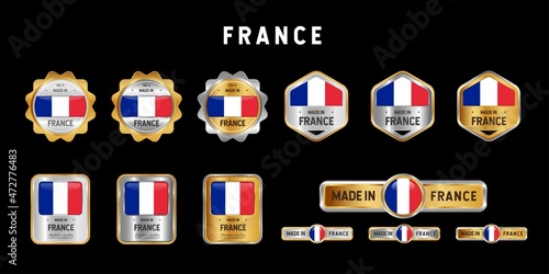 Made in France Label, Stamp, Badge, or Logo. With The National Flag of France. On platinum, gold, and silver colors. Premium and Luxury Emblem