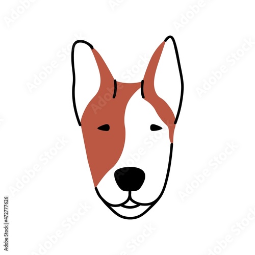 Dogs face avatar. Cute bull terrier doggy head. Canine animal portrait of adorable puppy snout. Purebred bullterrier pup. Charming pets muzzle. Flat vector illustration isolated on white background