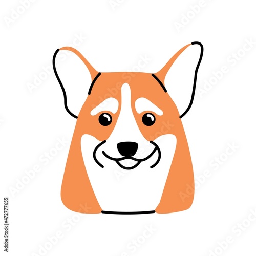 Cute dogs face avatar. Adorable doggy head portrait. Puppy snout of Corgi breed. Lovely funny pups muzzle. Purebred canine animal. Flat vector illustration of pet isolated on white background