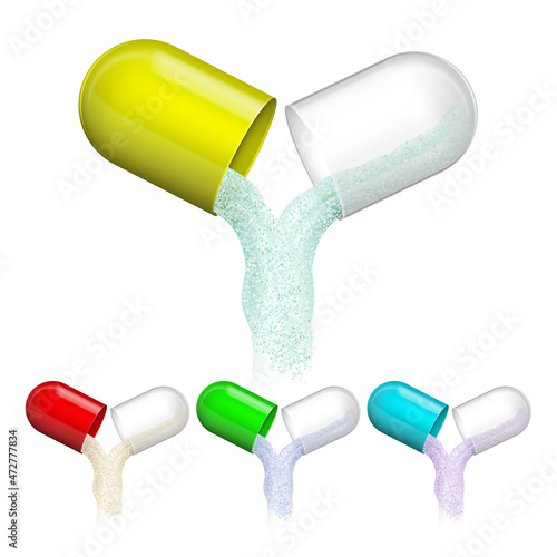 Pharmacy Medicament Opened Capsules Set Vector. Open Multicolored Capsules With Falling Pharmaceutical Vitamin Powder. Medicine Healthy Supplement Template Realistic 3d Illustrations