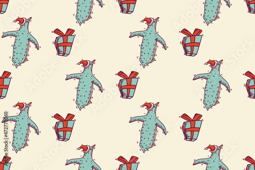 Vector Christmas pattern design with funny hand drawn cartoony grumpy and cute penguins in Santa s hats and Christmas decorations and gifts  made with retro stile colors.