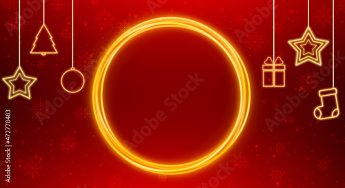 Gold round frame on a red background with gold decorations and blurred lights. Christmas red background with golden glowing elements. Christmas concept. Star, tree, Christmas ball, sock, gift.