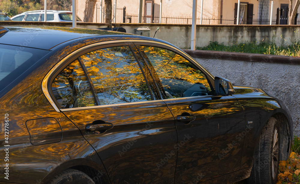 Reflection of yellow autumn leaves in the shiny side and window of the car