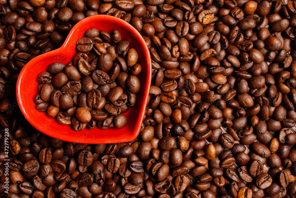 Selective focus on heart with coffee beans. Good morning coffee lover. Close up Selective focus on heart with coffee beans. Good morning coffee lover. Close up