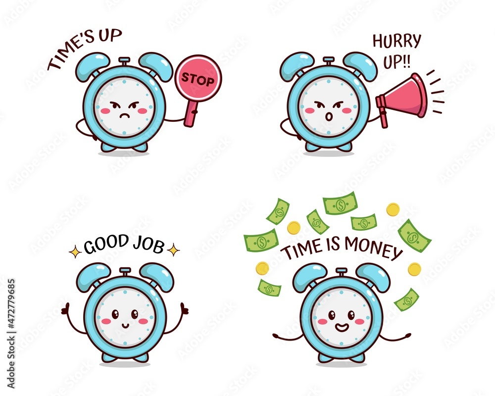 Illustration of cute alarm doing say time's up, hurry up, good job, and time is money. Kawaii vector drawing. Suitable for logo, icon, sticker, etc.