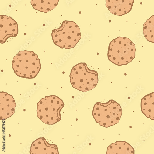 Seamless pattern with cookies. Biscuits with chocolate chips and drops. Vector illustration