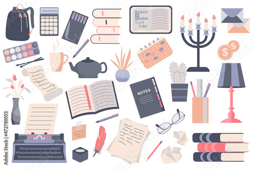 Books and stationery isolated elements set. Collection of papers, letter, calendar, lamp, typewriter, pen and other. Writers desktop items composition. Vector illustration in flat cartoon design