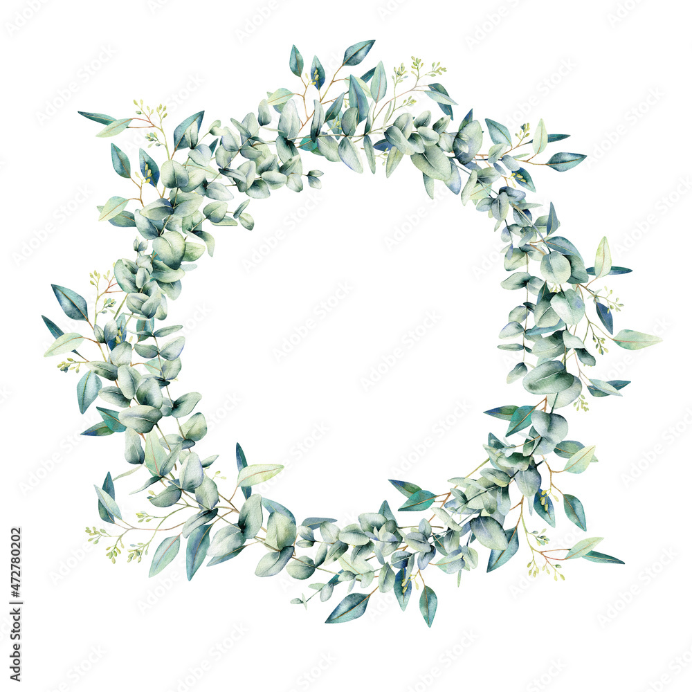 Watercolor eucalyptus branch wreath. Hand painted eucalyptus branches isolated on white background. Floral illustration for design, print, fabric or background