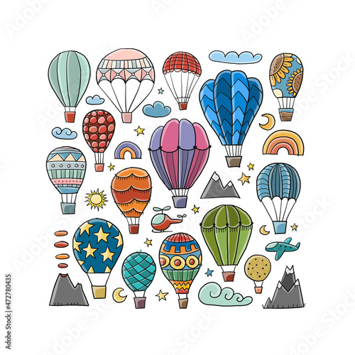 Colorful Hot Air Balloons Collection. Sketch for your design